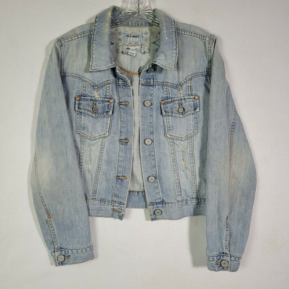 Old Navy Womens Denim Jacket Size Large Denim Casual 100% Cotton Distressed